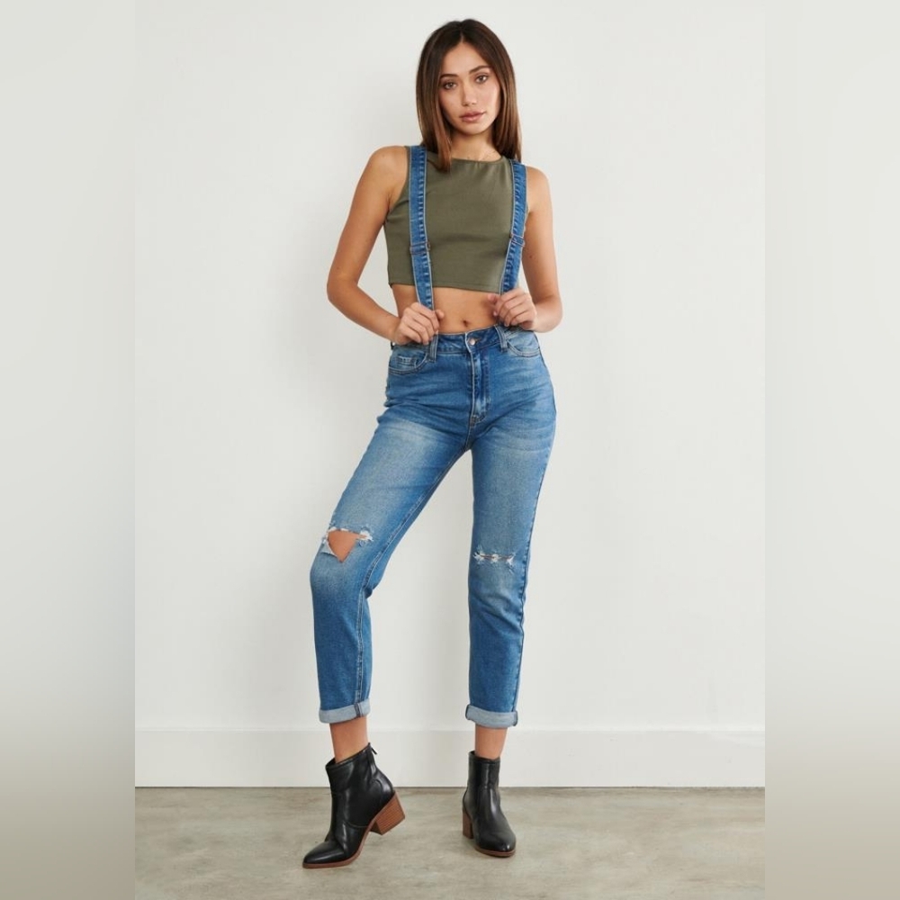 Vibrant M.i.U Distressed Mom Jeans Overalls Suspender Coveralls Blue 7 27